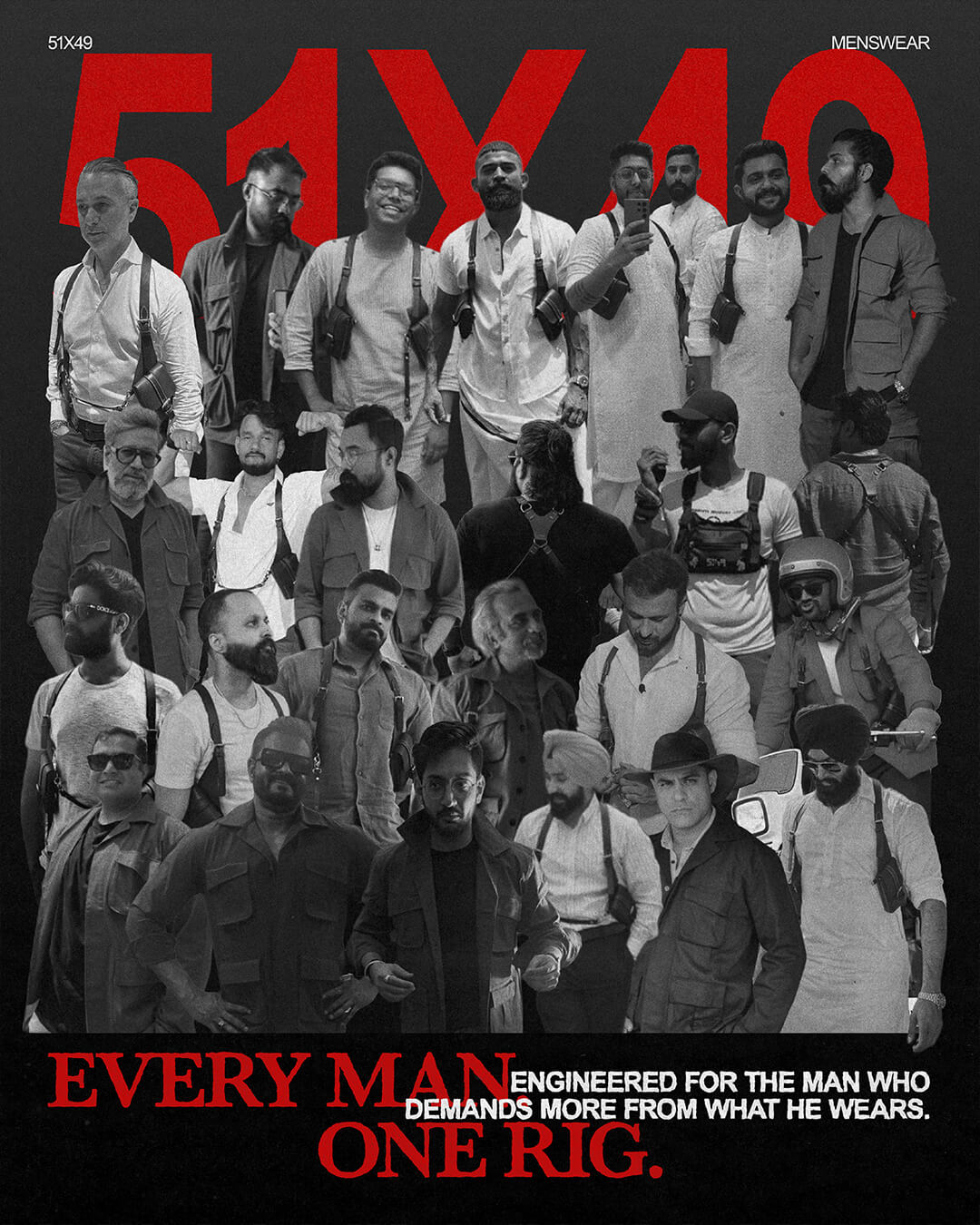 Group of men in various outfits with promotional text for a men's wear 51x49.