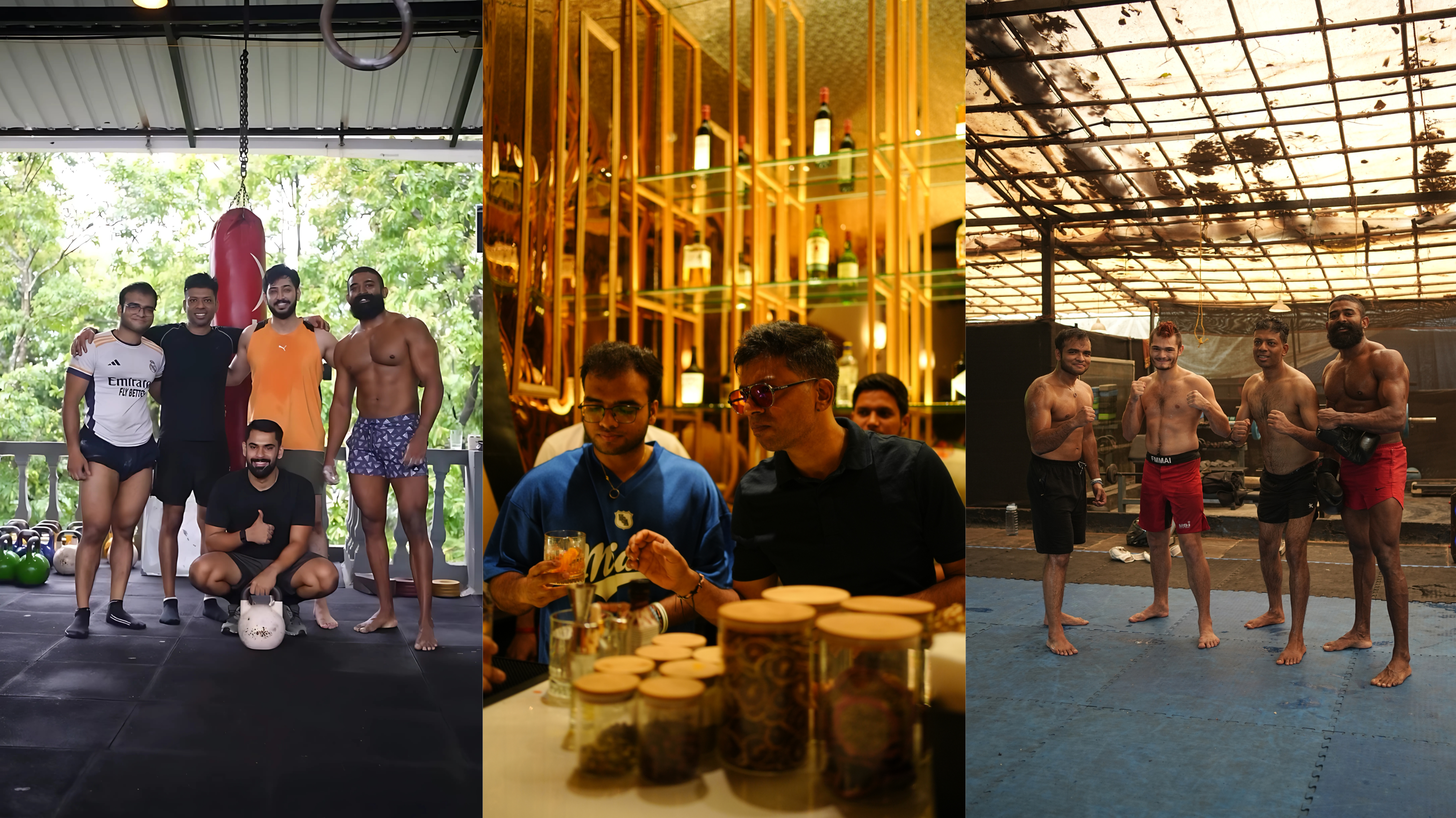 Three images: a group of men outdoors, a group indoors with a table, and a group in a gym.